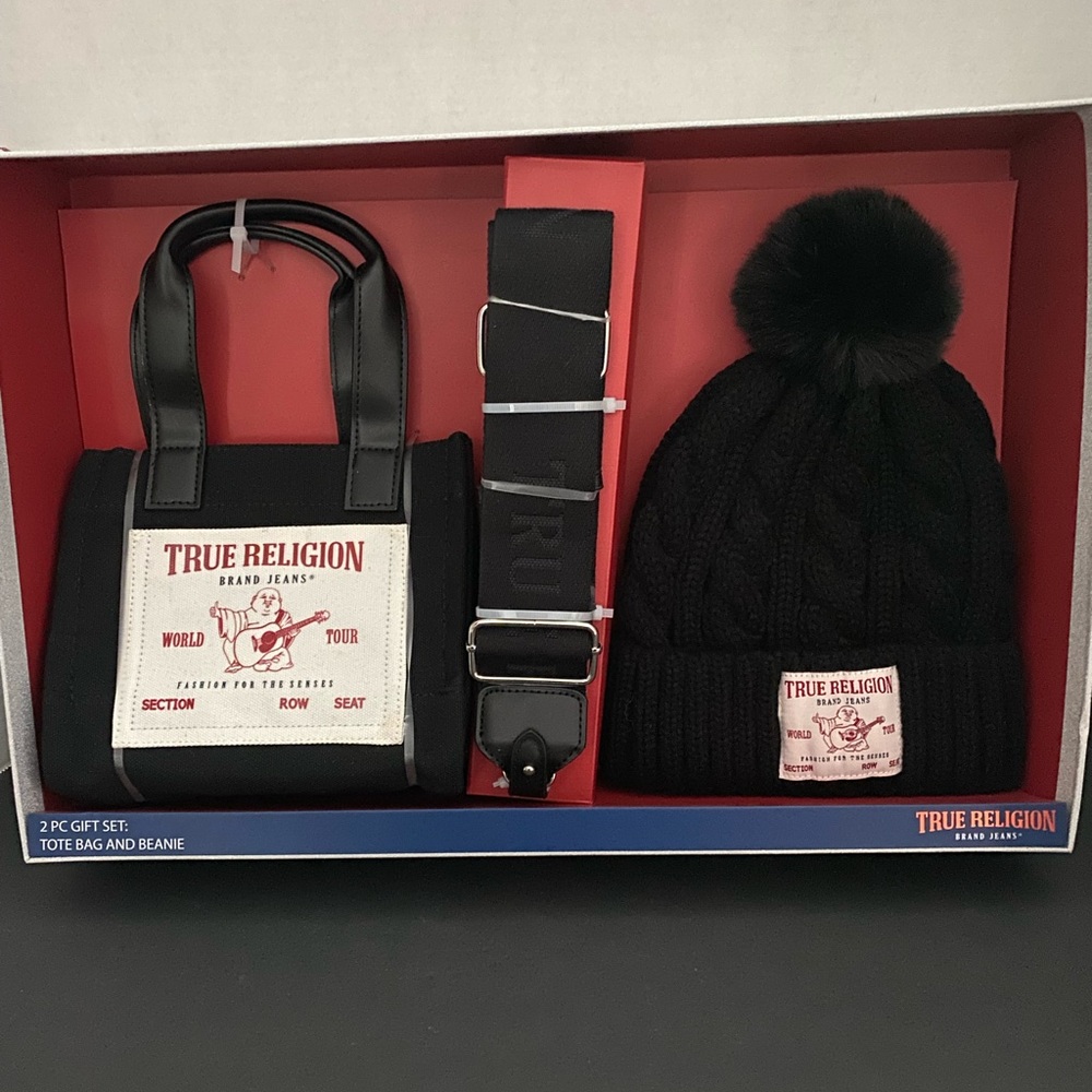 TRUE RELIGION Black Mini Tote Bag with Cross Body Strap & Hat Gift Box Set NEW